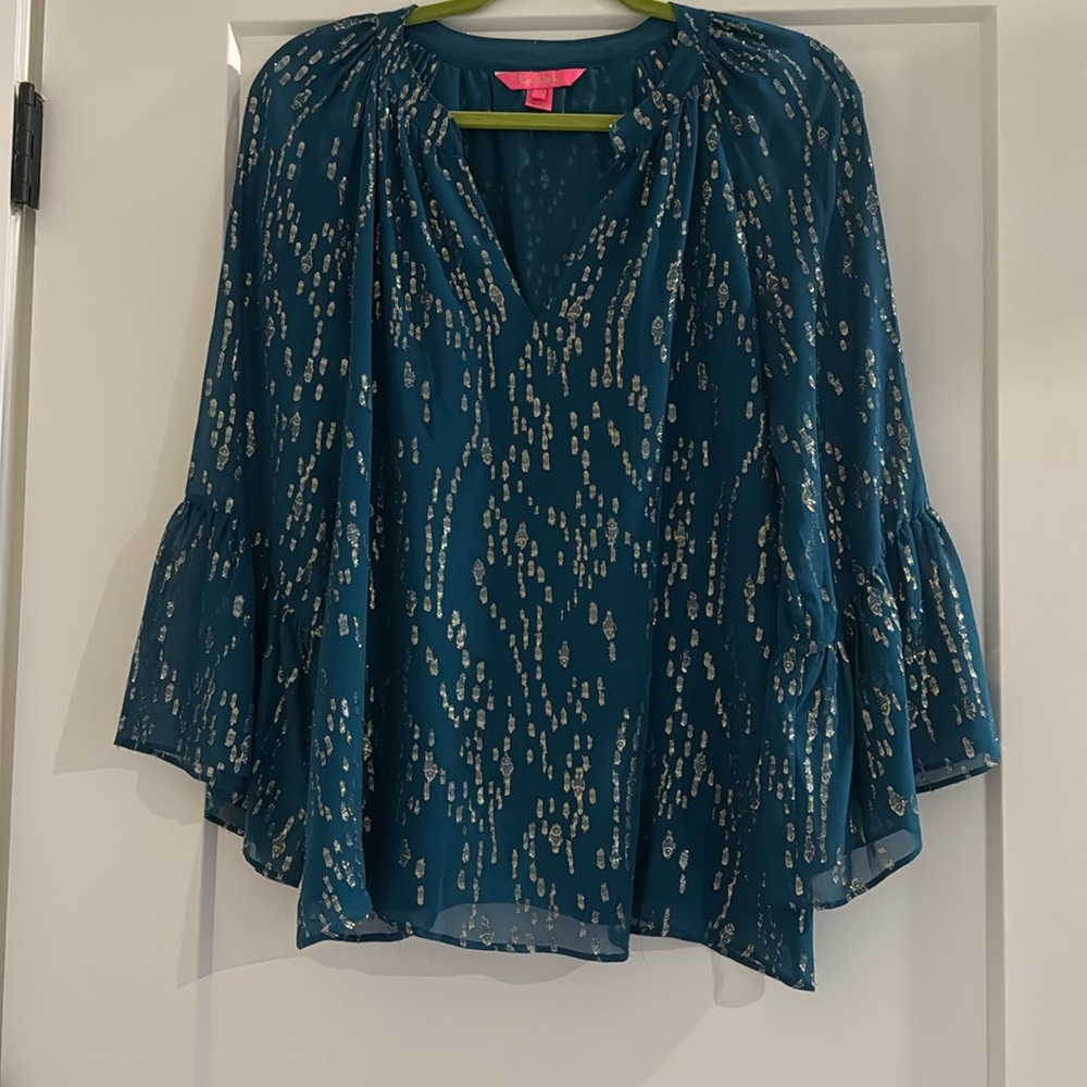 Lilly Pulitzer Womens S Matilda Silk Top Inky Tidal Fish Clip Chiffon Metallic